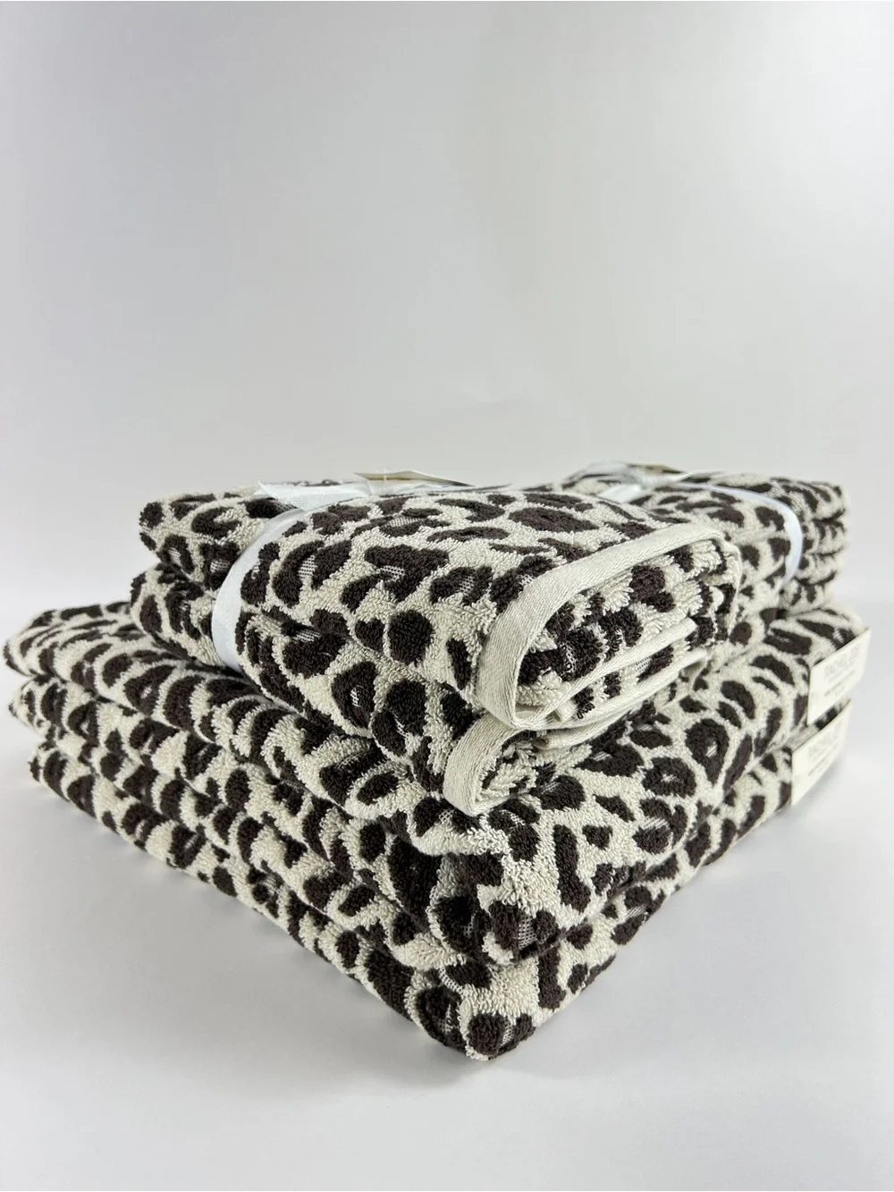 Rachel Zoe Leopard Bath Towel Set Brown Cream Animal Print Soft Cotton 8 Pc NEW